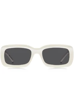 White sunglasses with stacked-logo temples