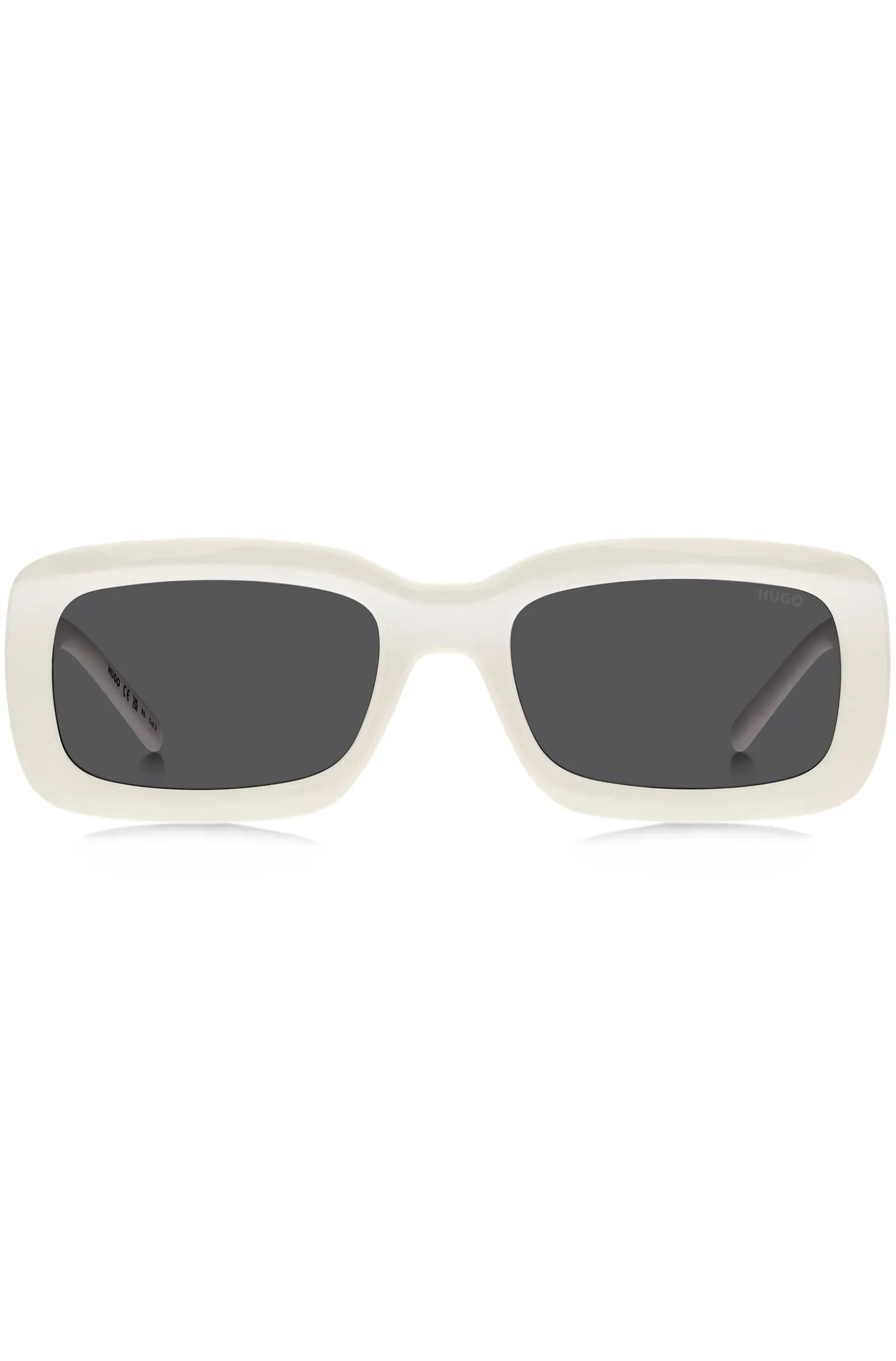 White sunglasses with stacked-logo temples