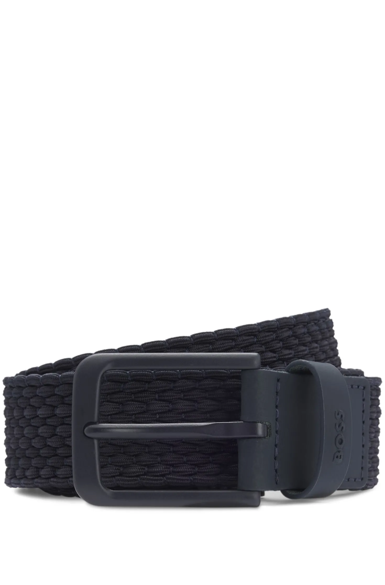 Woven belt with leather trims and logo detail