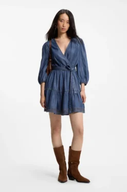Wrap-front denim-look dress with balloon sleeves