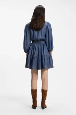 Wrap-front denim-look dress with balloon sleeves