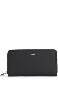 Ziparound wallet in grained leather with metallic logo lettering
