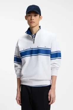 Zip-neck cotton sweatshirt with printed stripes