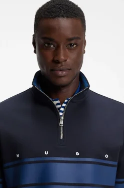Zip-neck cotton sweatshirt with printed stripes