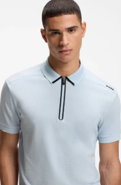 Zip-neck polo shirt in waffle jacquard
