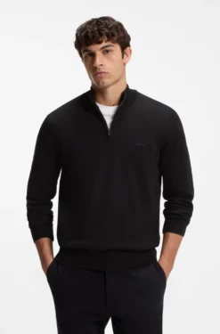 Zip-neck sweater in cotton with logo embroidery