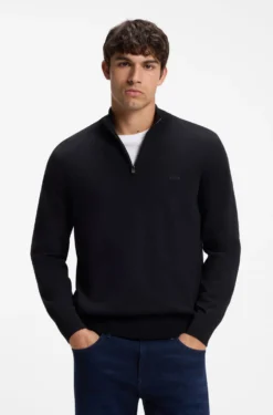 Zip-neck sweater in cotton with logo embroidery