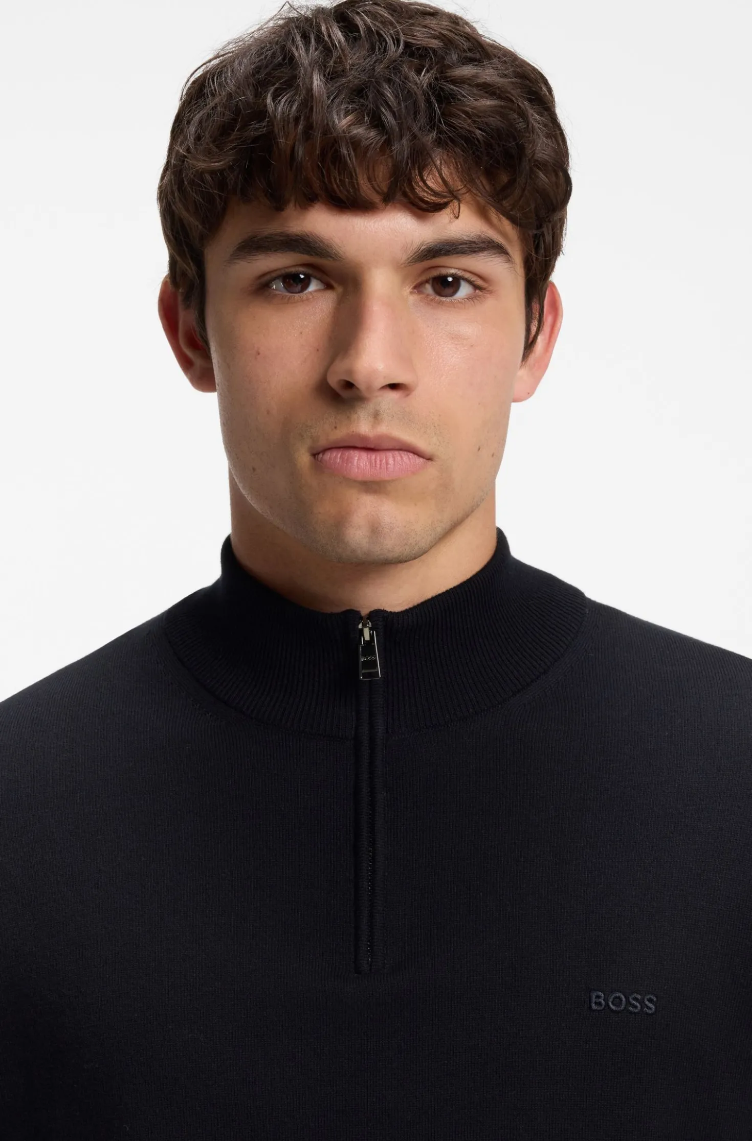 Zip-neck sweater in cotton with logo embroidery