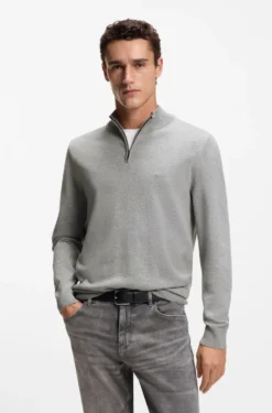 Zip-neck sweater in cotton with logo embroidery