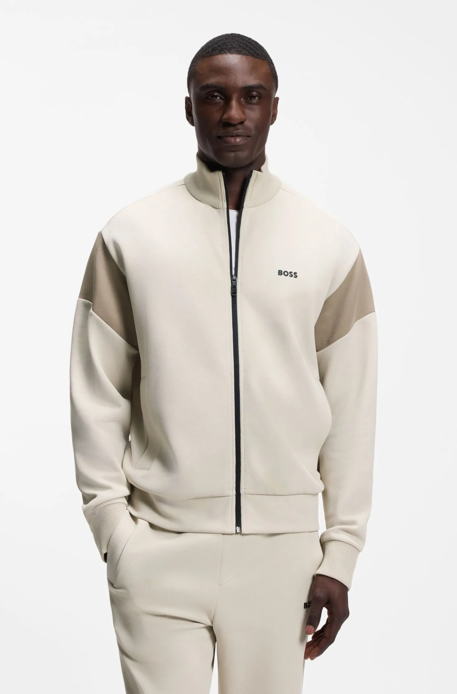 Zip-up cotton-blend sweatshirt with contrast inserts