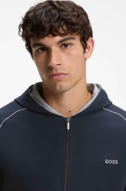 Zip-up hoodie in stretch cotton with contrast piping
