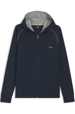 Zip-up hoodie in stretch cotton with contrast piping