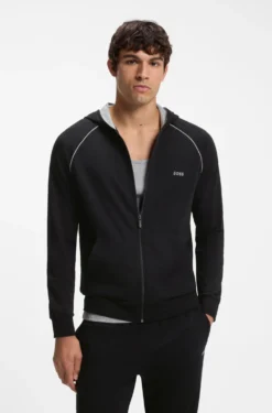 Zip-up hoodie in stretch cotton with contrast piping