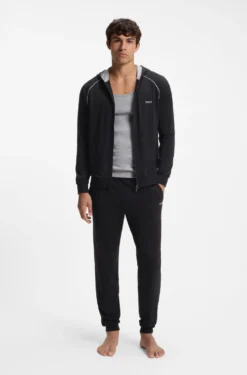 Zip-up hoodie in stretch cotton with contrast piping