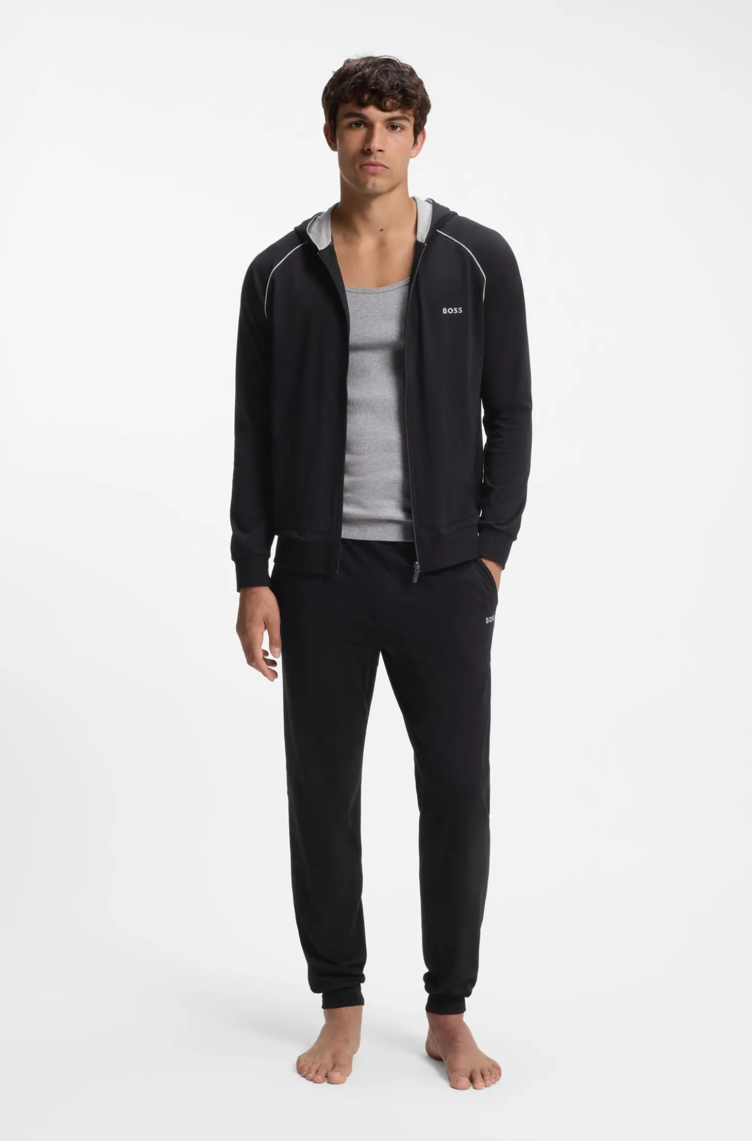 Zip-up hoodie in stretch cotton with contrast piping