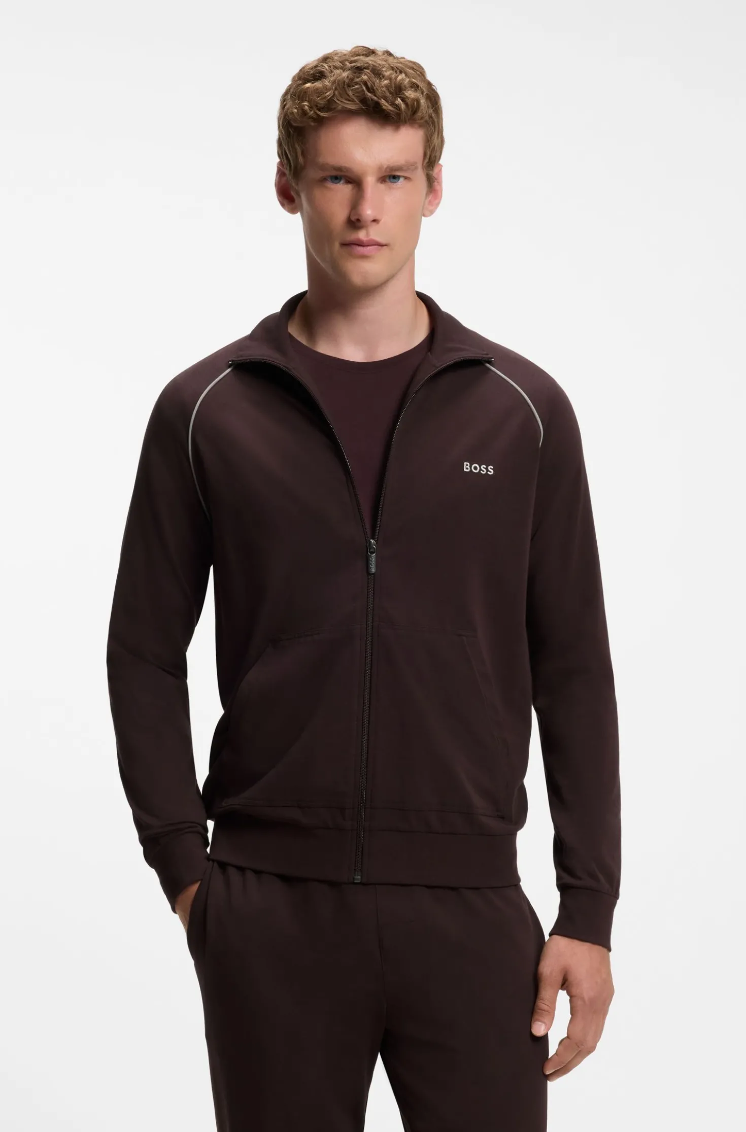 ZIp-up jacket in stretch cotton with contrast piping