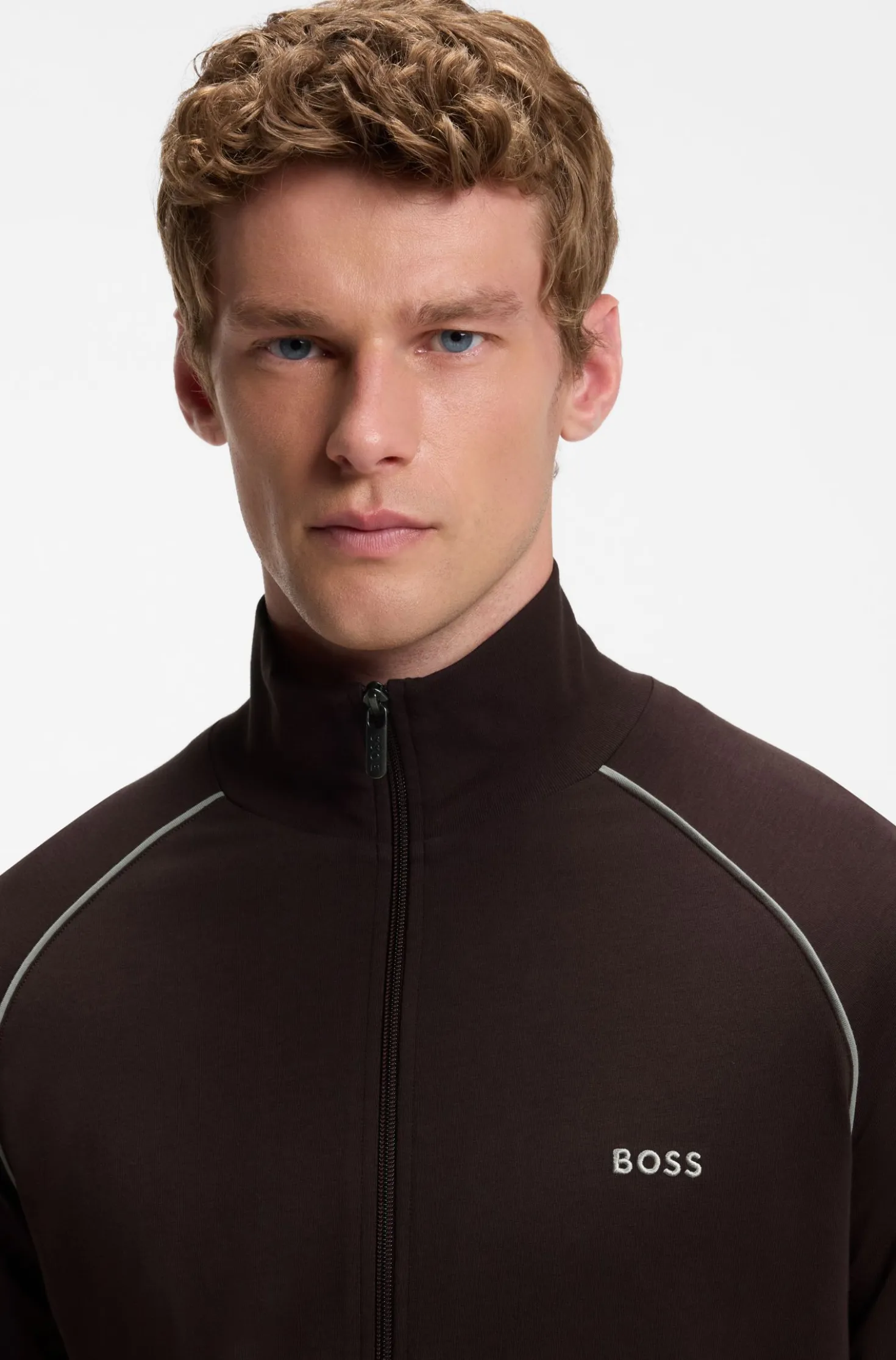 ZIp-up jacket in stretch cotton with contrast piping